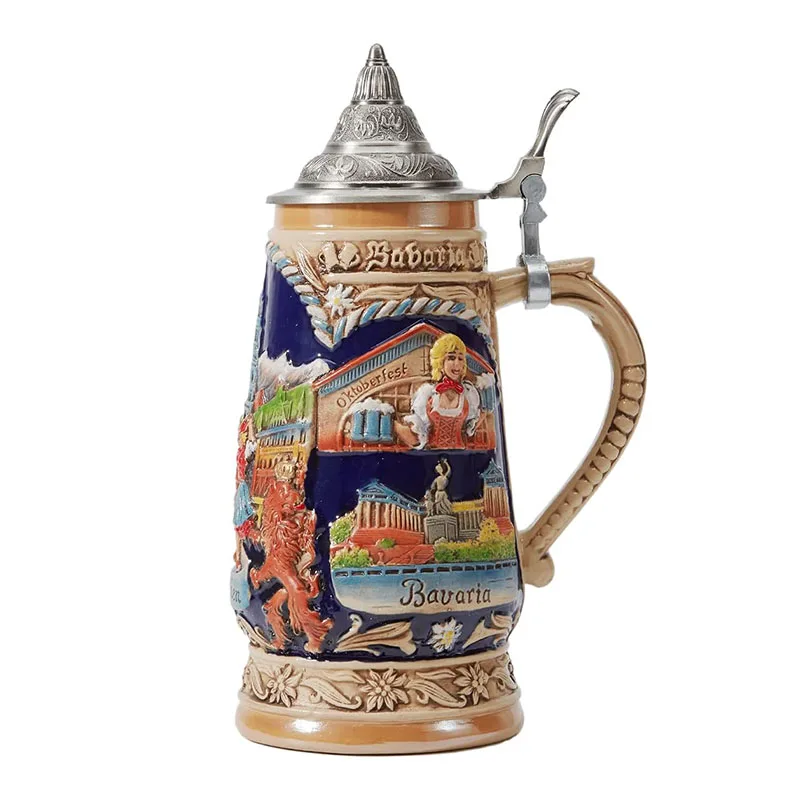 Creative Ceramic Beer Mug with Metal Lid Painted German Craft Water Mugs Best Gift for Father Husband's Coffee Cups