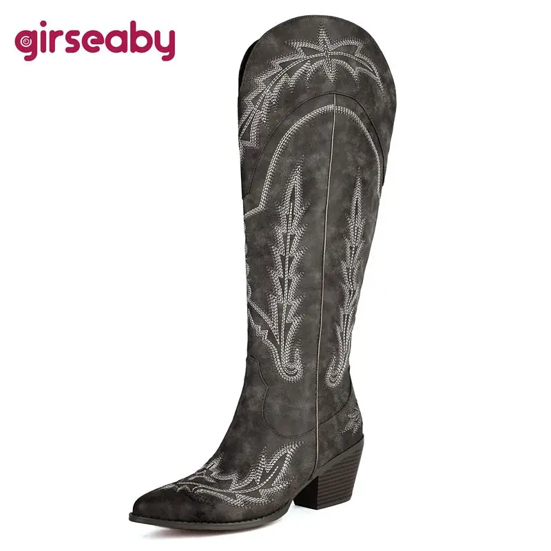 Girseaby-Botas de vaqueiro vintage femininas, dedo apontado, saltos de bloco, bordados 6cm, bota alta diária no joelho, tamanho 42 43