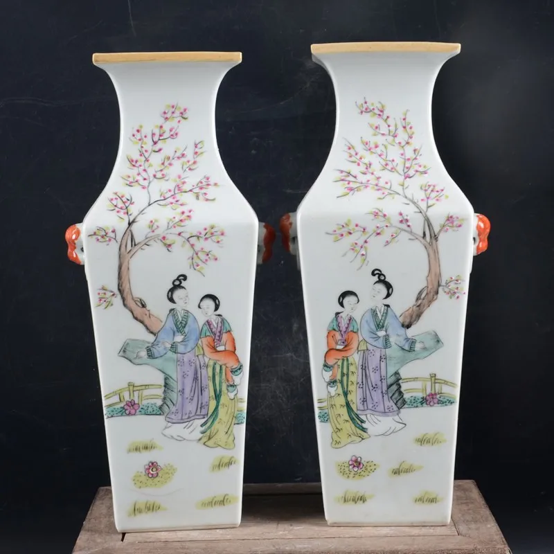 A Pair Chinese Famille Rose Porcelain Vase Court Lady Pattern 10.4 inch