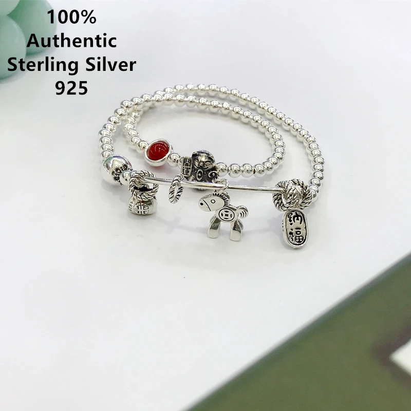 

Sterling Double Layer Silver Bead Red Agate Fortune Cat Bracelet Luxe Pulsera De Plata De Ley 925 Prata Mujer Jewelry 팔찌 2022