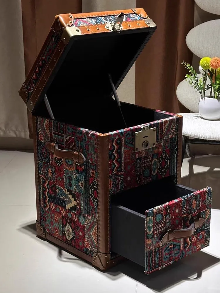 Chinese Style Retro Home Use Solid Wood Bedside Table Bedroom Oil Wax leather Color Woven Cloth Decoration Unique Storage Chest