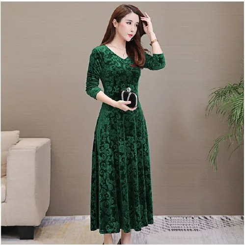 Gold Velvet Long Sve Dr Maxi Skirt Large Swing Women's plus Size Faion Spring Autumn New Sle Slimming Mommy Dr