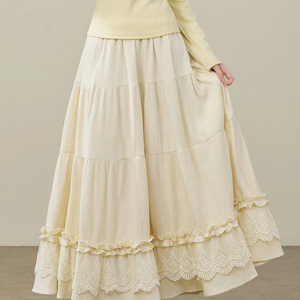 Apricot cake splicing lace skirt autumn and winter versatile a-word skirt  long skirts for women Regular Fit