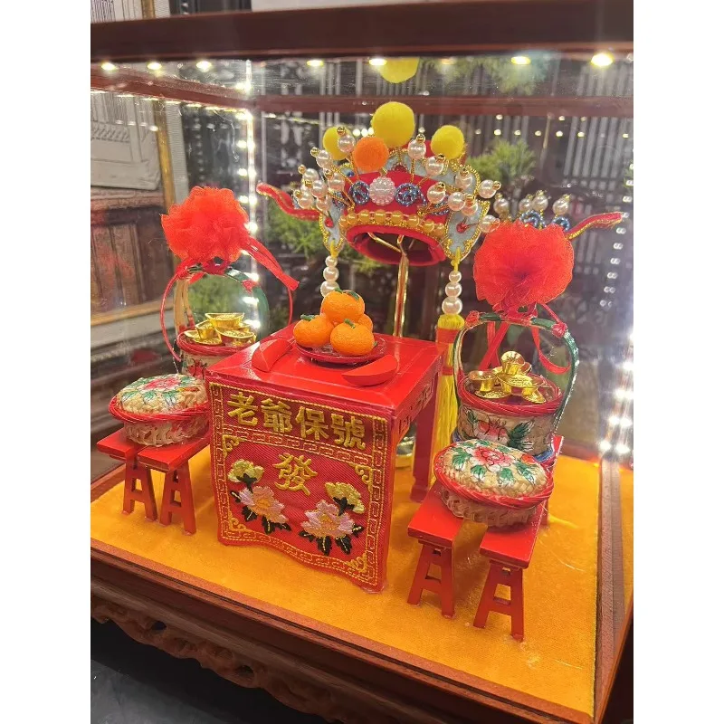 Traditional mini God of Wealth hat, bamboo woven lantern, Eight Immortals table ornament