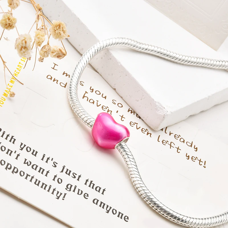 جديد الأوروبيين الوردي الأصلي سحر الحب جرعة زجاج مورانو القلب استرخى حبة صالح 925 فضة سوار DlY النساء مجوهرات #5