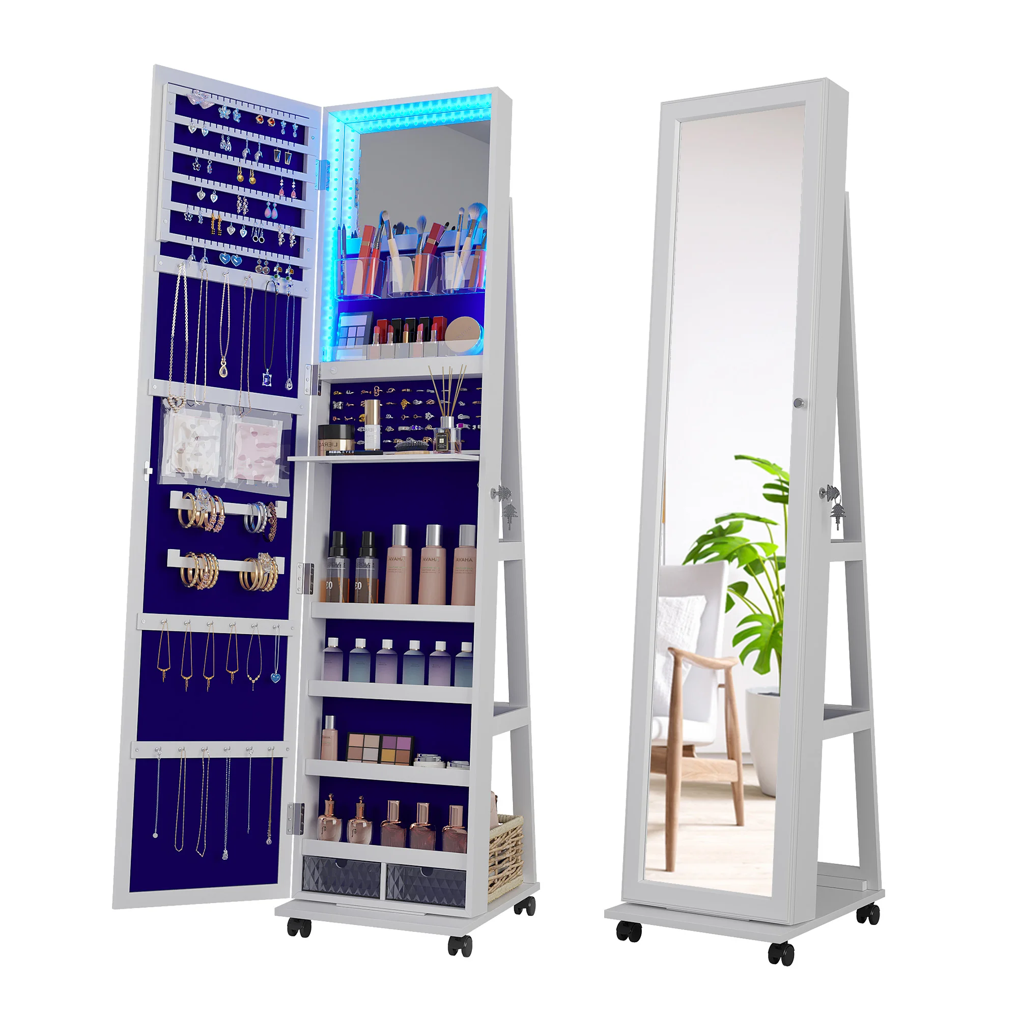 JDPAG مرآة كاملة الطول مع مساحة تخزين للمجوهرات، 360 درجة ° خزانة مجوهرات دوارة قائمة مع أضواء منظم خزانة مجوهرات قابل للقفل