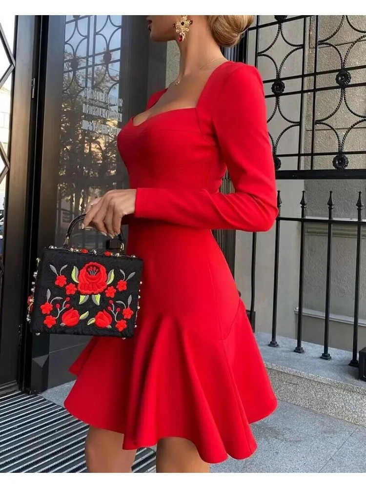 

Mandylandy Solid Maxi Dress Women Long Sleeve Slim Fits High Waist Sexy Square Collar Mini Dresses Summer Casual Red Hot Dress