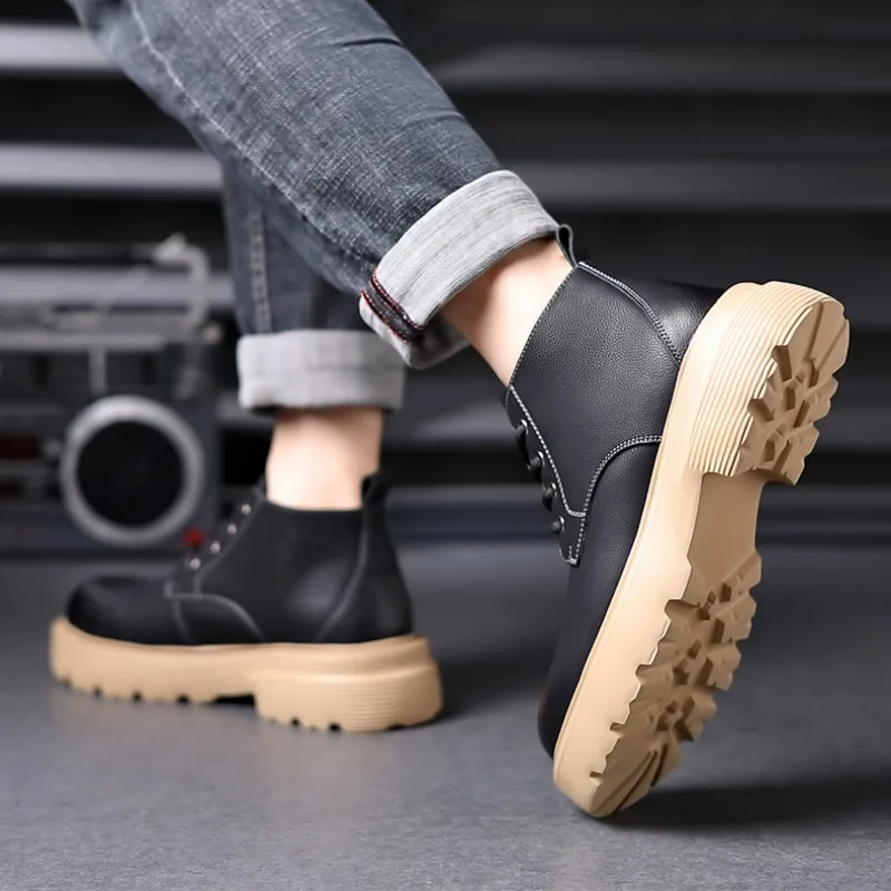 Botas de moto con plataforma de cuero de vaca a la moda para hombre, zapatos de suela blanda para otoño e invierno, botines informales Retro de diseñador para hombre