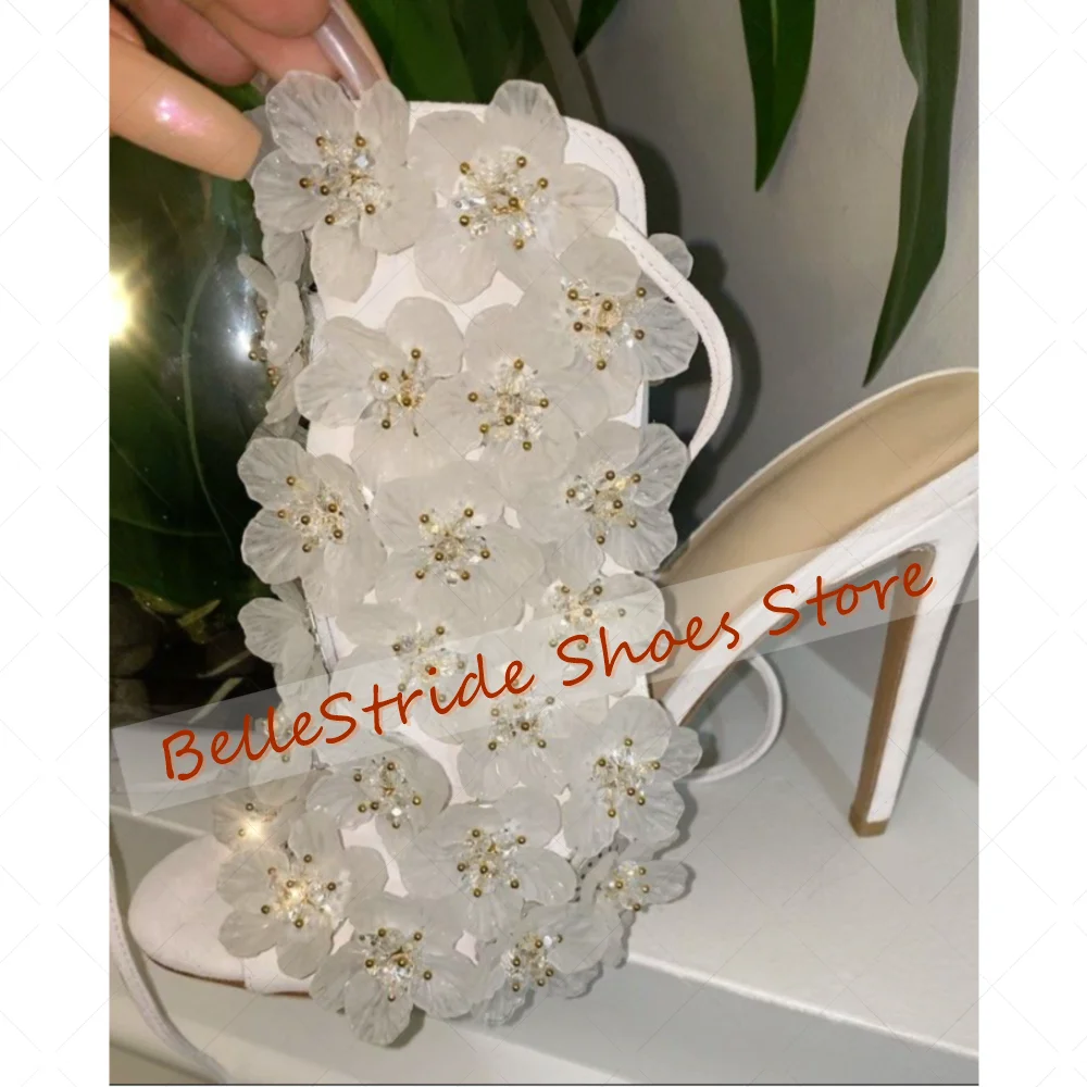 

White Flowers Decor Round Toe Slippers Open Toe Women Shoes Stilettos High Heels Party Banquet Dating 2025 Zapatos Para Mujere