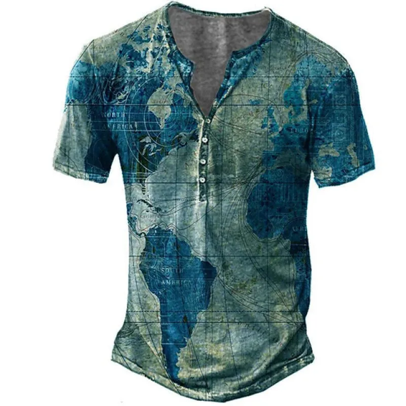 Men Summer Short Sleeve Button Henry Shirt 3D Digital Pritn Casual Round Neck T Shirt Men Slim Fit Hip Hop Tops T Shirt