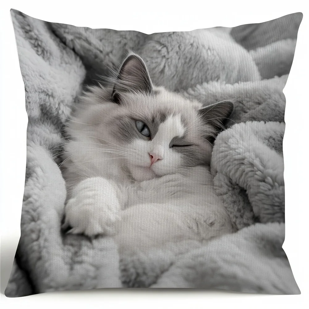 Cute Sleepy Cat Pillowcase Cover 40x40cm Fluffy Animal Print Throw Pillow Case for Pet Lover Home Decor Cushion Gift