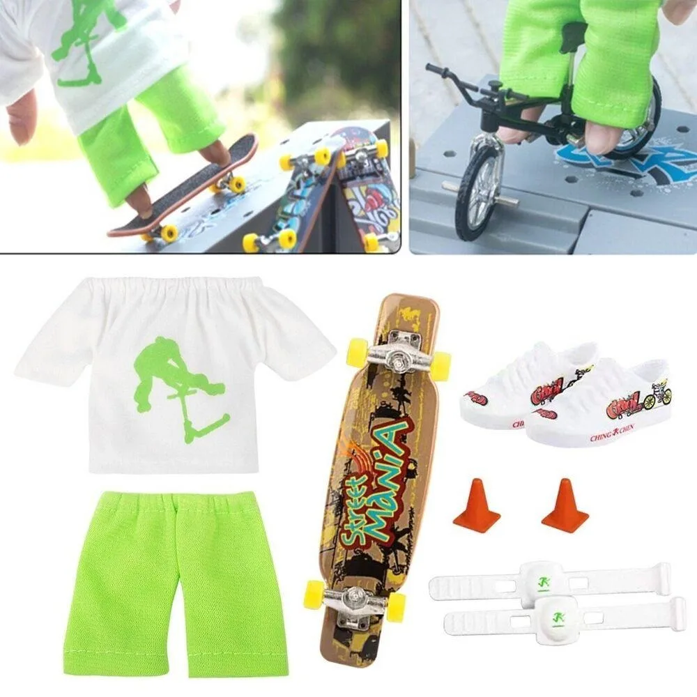 Zestaw do fingerboardu/skutera: nakolanniki, miękkie gumowe nakładki na palce, mini/szczególnie małe nakładki na palce, spodnie i buty.