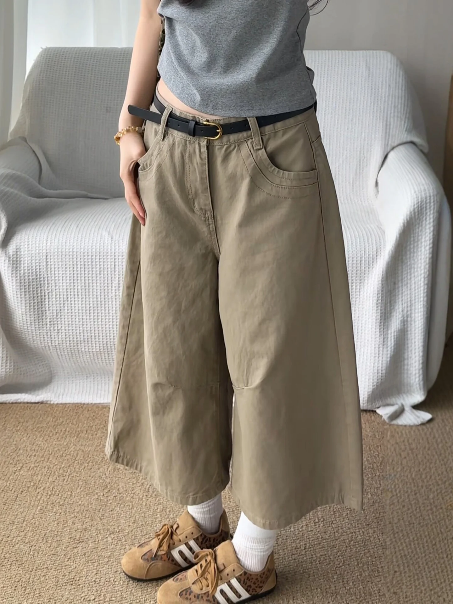 Calças Casuais Americanas Retrô Cáqui Desconstruídas de Perna Larga Solta para Homens e Mulheres - Estilo Streetwear para Casais