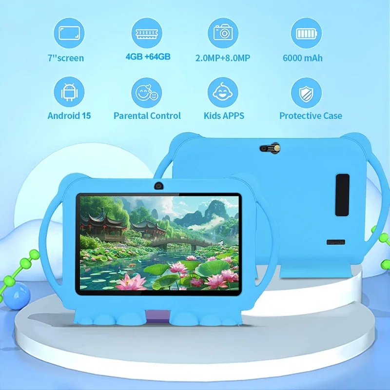 7 Inch Kids Tablet with Cartoon Proof Case 5G WiFi Android Learning Education Children's Tablet PC 4GB RAM 64GB ROM