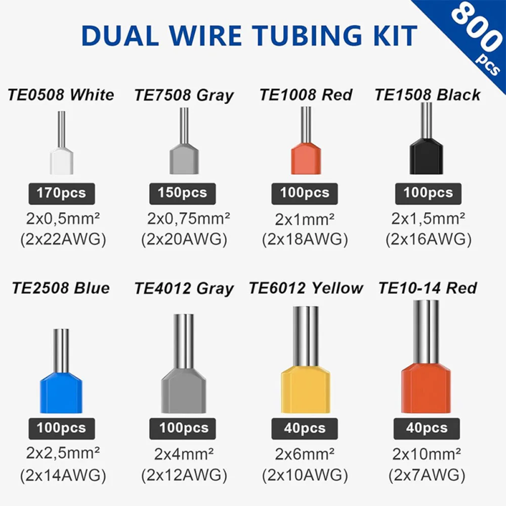 800PCS Double Wire Ferrule Kit - Dual Barrel Ferrules Connectors for AWG 22-7 Ideal for Electrical Industrial and DIY Projects
