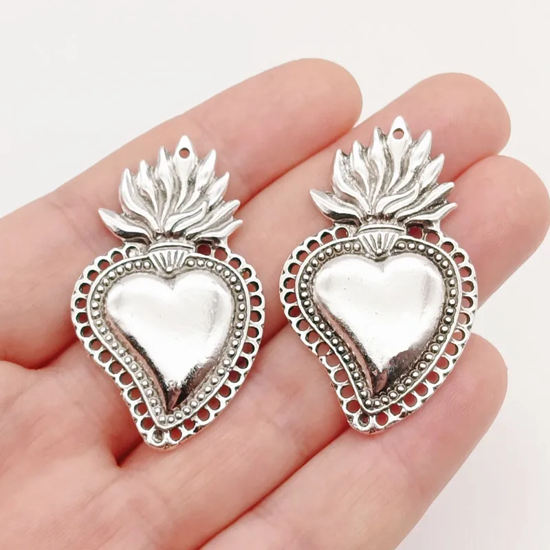 3pc 48*29mm Christian Acred Sacred Heart Charms Mexico Milagro Flame Heart Pendant Shiny Silver Plated Tones Fit Jewelry Making