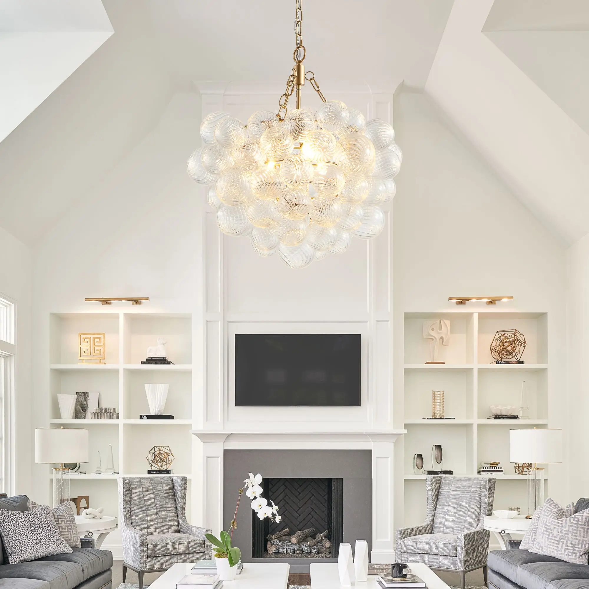 

20-дюймовая золотая подвесная люстра с резьбовым абажуром из прозрачного стекла — регулируемая высота, идеально подходит для гостиной, столовой R