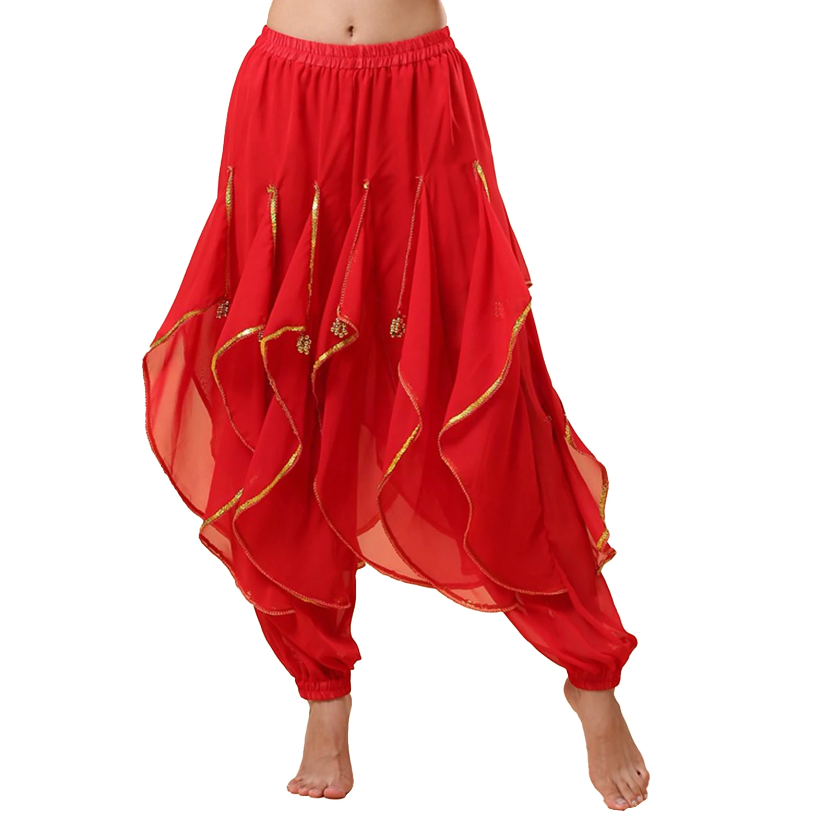 Womens Belly Dance Performance Costume Sequin Trim Pants Elastic Waistband Ruffles Trousers with Plastic Beads