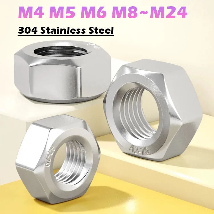 M4 M5 M6 M8 M10 M12 M14 M16~M24 304 Stainless Steel Fine Thread Hexagon Nuts for Screws Bolt Metric Hex Machine Nuts Fasteners