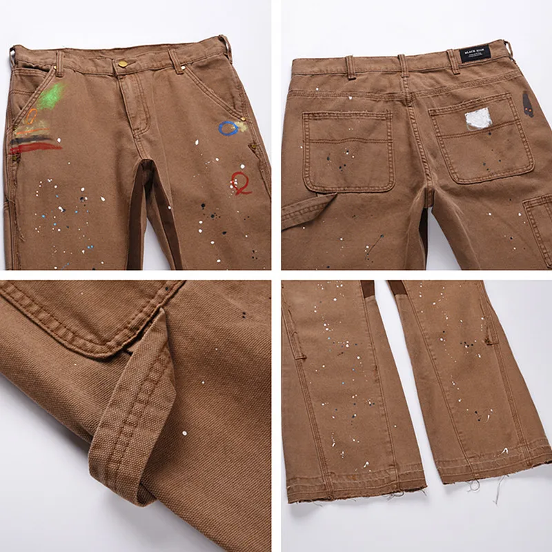 2023 Kanye Graffiti Ink Painted Flared Jeans Cargo Y2K Pants Men Clothing Brown Straight Hip Hop Long Trousers Pantalones Hombre