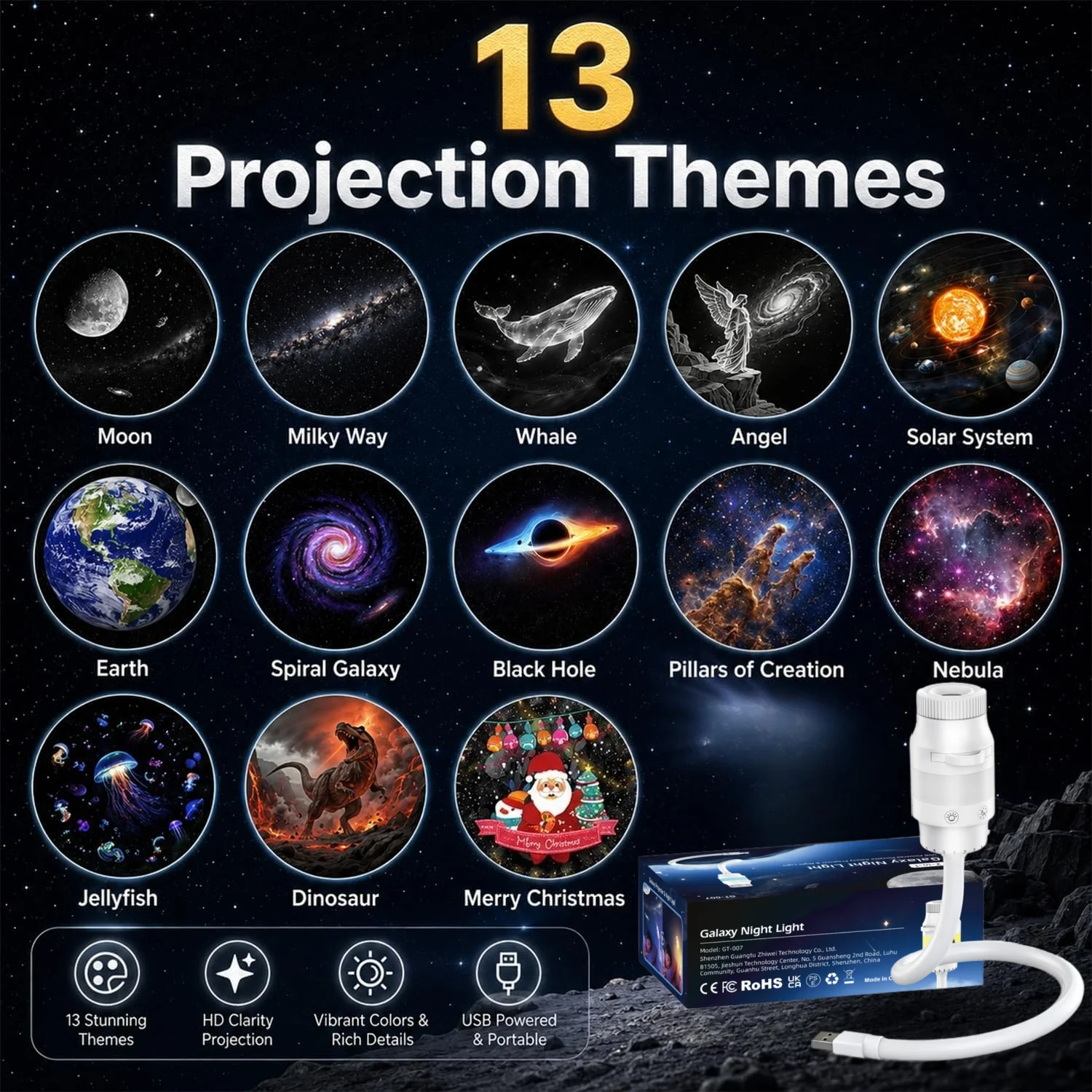13-in-1 USB Galaxy Projection Lamp, Flexible Gooseneck, RGB Mood Light, Interchangeable Discs, for Bedroom, Car, Camping Gift