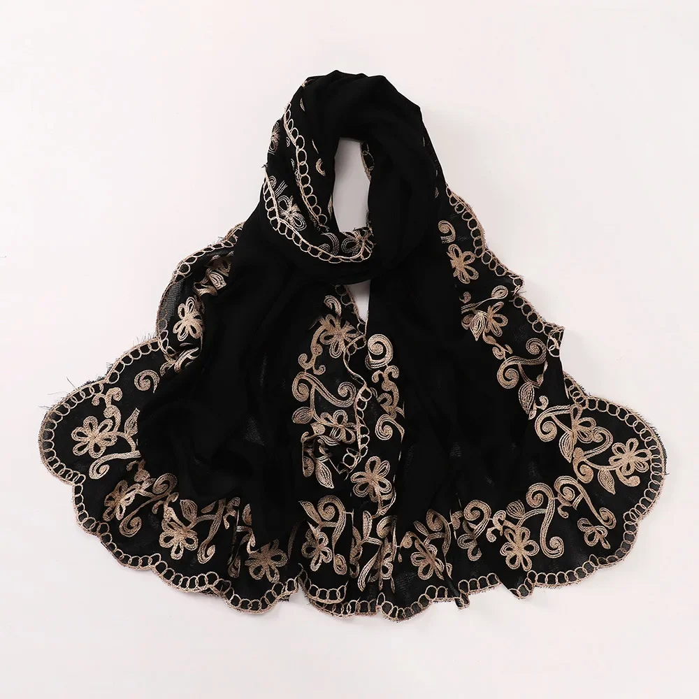 Black Embroidery Hijab Scarves Muslim Women Shawls Wrap Turban Stoles Bandanas Headband Bufanda Foulard Turbante Mujer 70*190cm