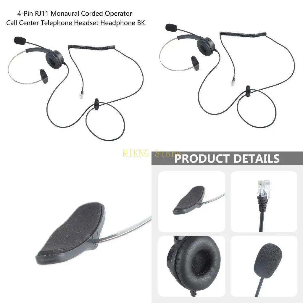 4-Pin RJ11 Monaural Corded Operator Call Center Telephone Headset Headphone BK best sale