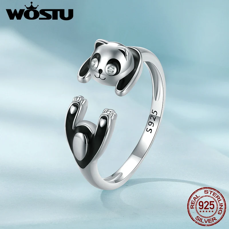 WOSTU Original 925 Sterling Silver Panda Ring with Zircon for Women Girl Animal Series Party Birthday Gift Opening Ring Jewelry