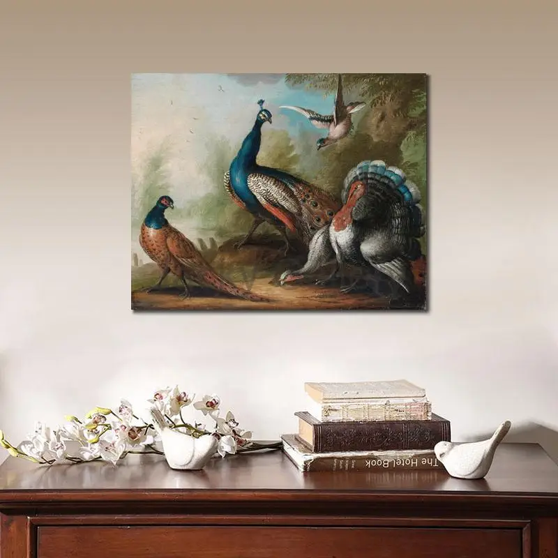Handmade Classical Landscape Canvas Art Peacock Pheasant Turkey and Jay by River Jakob Bogdany Oil Painting for Bedroom Decor