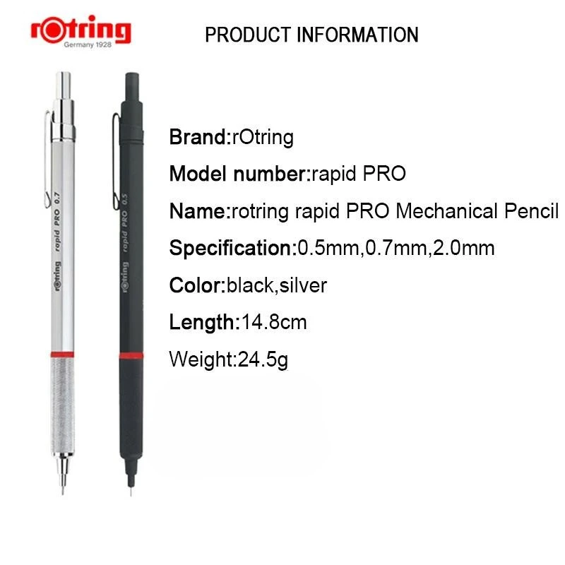 Rotring Rapid Pro Mechanical Pencil 0.5/0.7/2.0mm Metal Mechanical Pencils Black/Silve Automatic pencil for Sketching Drawing