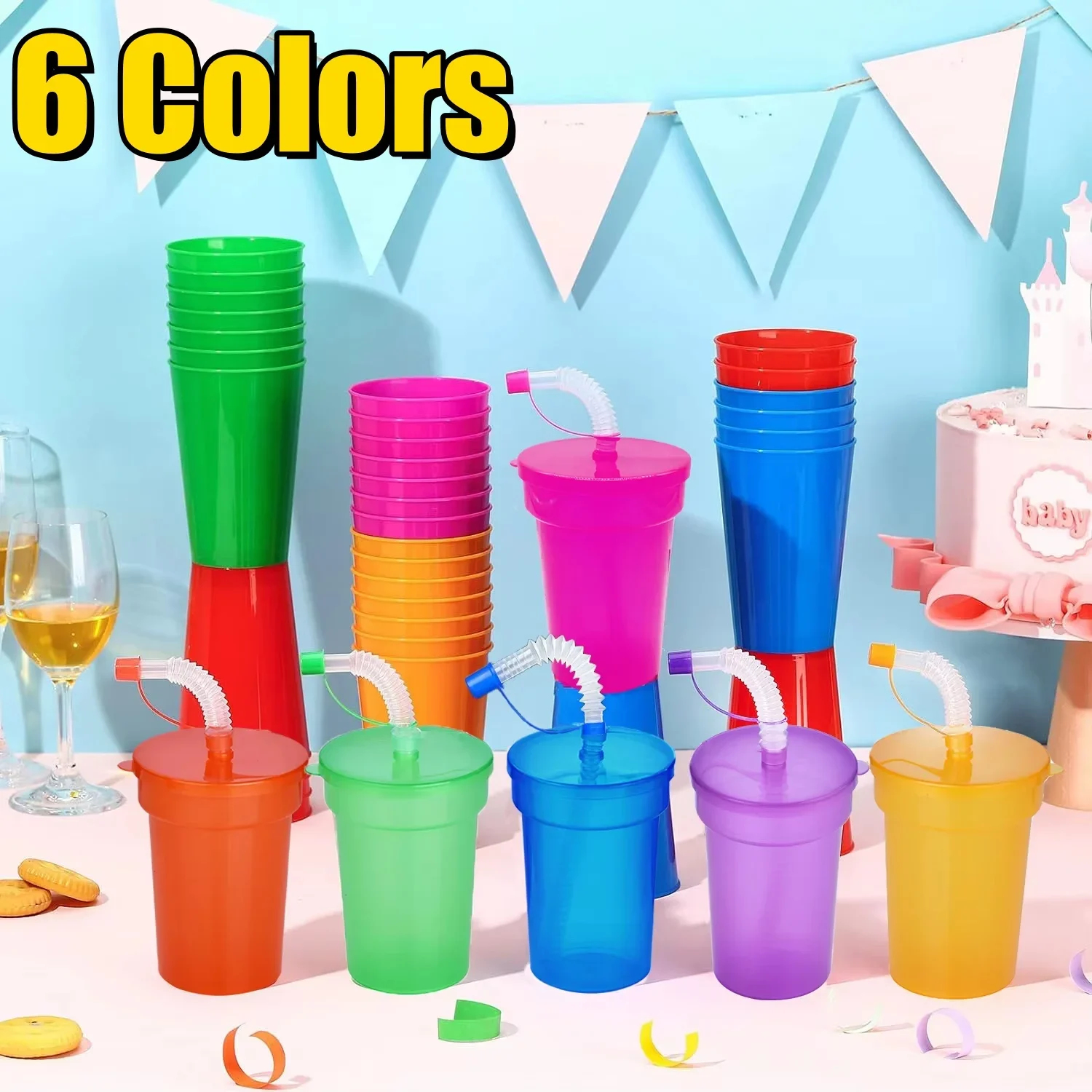 Expandable Straw Plastic Cup 6 Color Siphon Straw Cup with Leak Proof Lid Summer Travel and Home Juice Mug Plastic Water Bottle