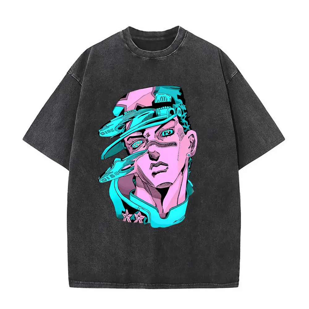 Washed Vintage Anime Jojo Bizarre Adventure Jotaro Kujo Head Graphic T-shirt Men Women Manga Retro Oversized T Shirt Streetwear