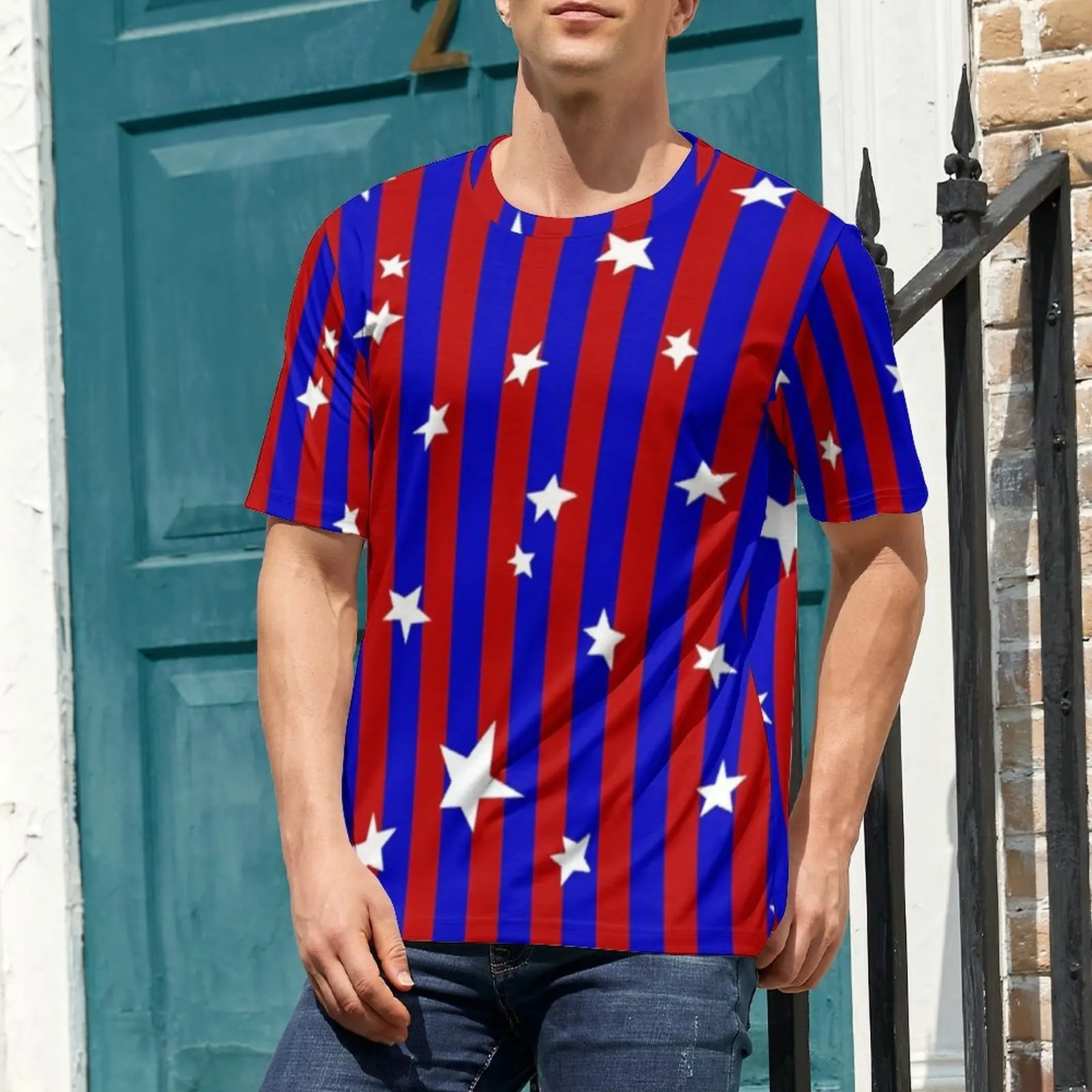 Man Blue And Red Striped T Shirt Stars Print Fashion T Shirts Short Sleeve Design Tops Cheap Summer Funny Oversized Tees