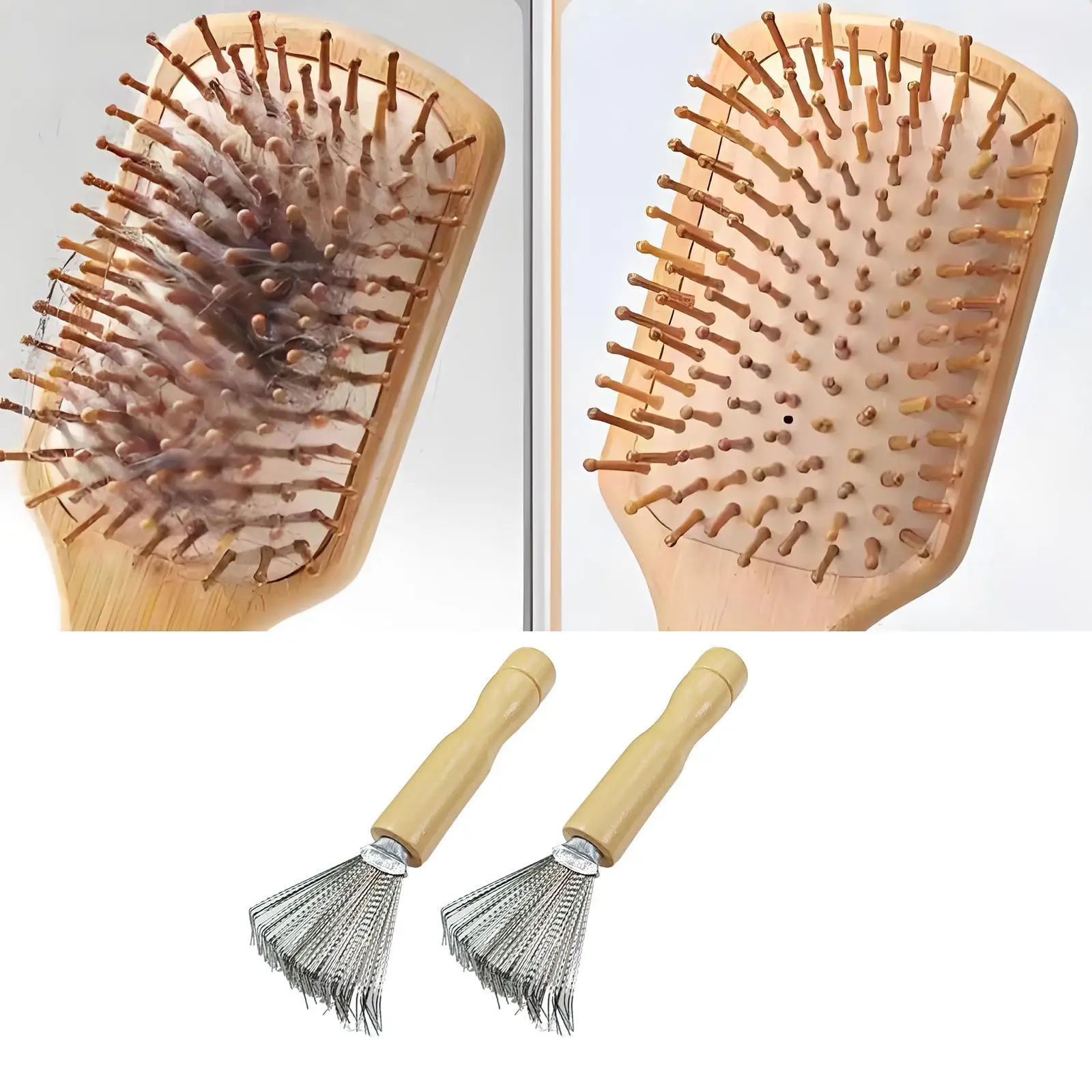Hair Brush Cleaner Rake Pick Stainless Steel Wire with Ergonomic Wooden Handle Quick Lint Remover for Hairbrush and Combs