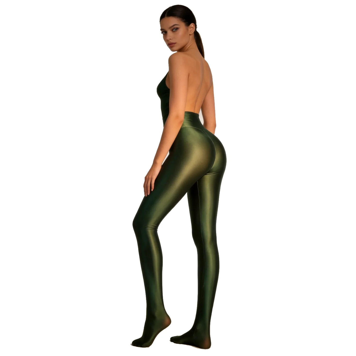 MJINM Women's Wide Waist Glossy Shiny Sexy Opaque Yoga Gym Fitness Tight Pantyhose Front Seamless Satin Smooth Jeggings Leggings