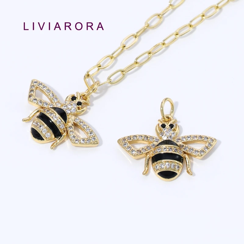 1/2Pcs 18K Gold Plated Brass Bee Pendant Black Enamel Stripe Inlaid Zircon Wings Insect Charm For Jewelry Making Accessories