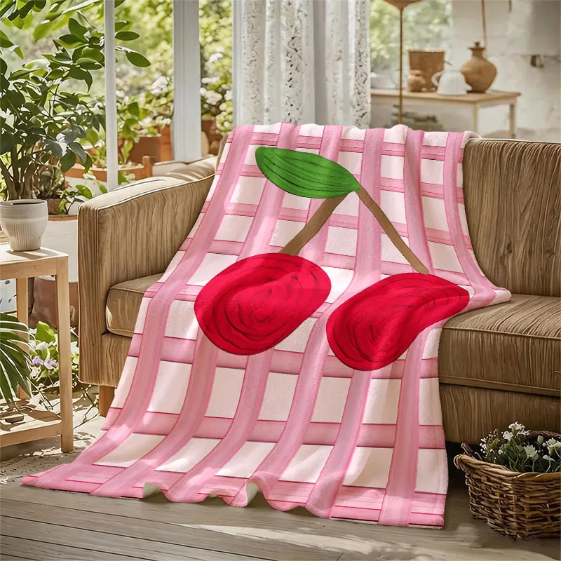 Pastel Cherry Motif Flannel Blanket Warm Soft Halloween Christmas Decorative Couch Warm Cozy All-Season Gift