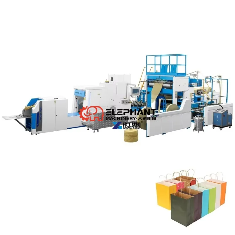 High Speed Fully Automatic Square Bottom Paper Bag Making Machine Kraft Paper Food Bag Shopping Bag with Handle