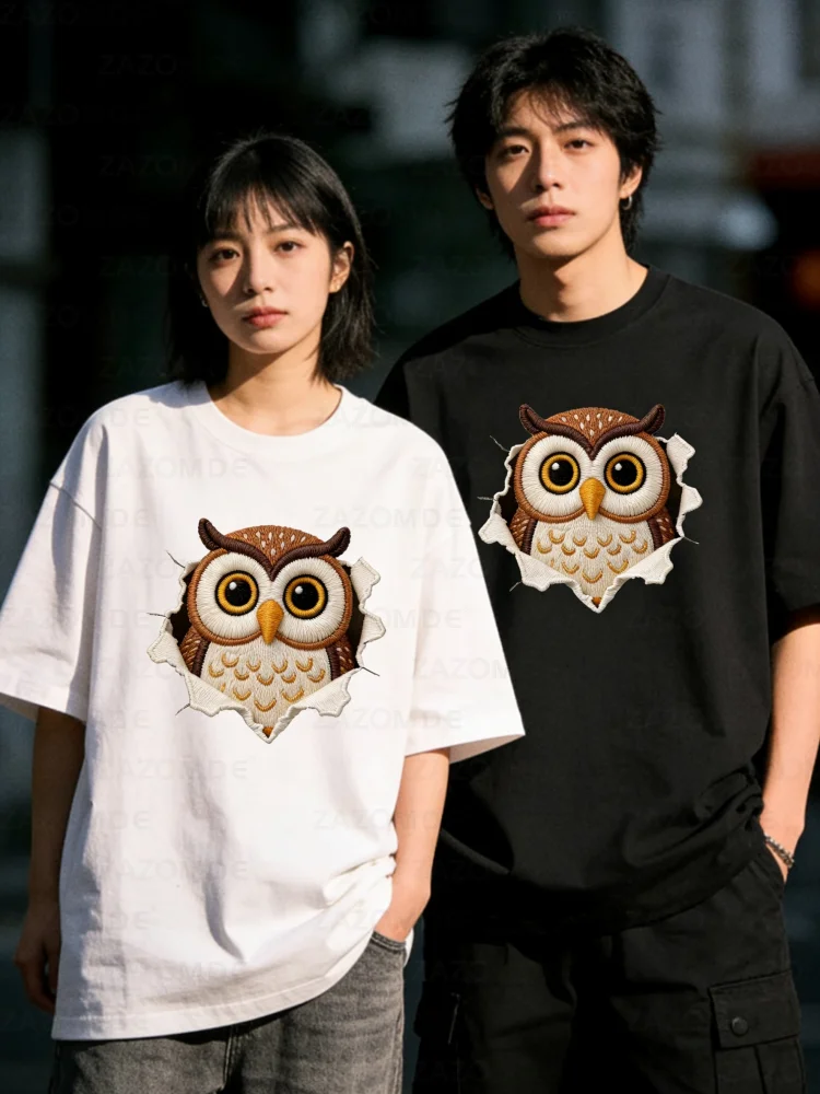 

ZAZOMDE хлопковая футболка с короткими рукавами в японском стиле с рисунком совы для мужчин и женщин, одинаковые модели для пар, мягкая дышащая ткань, свободный крой, на каждый день