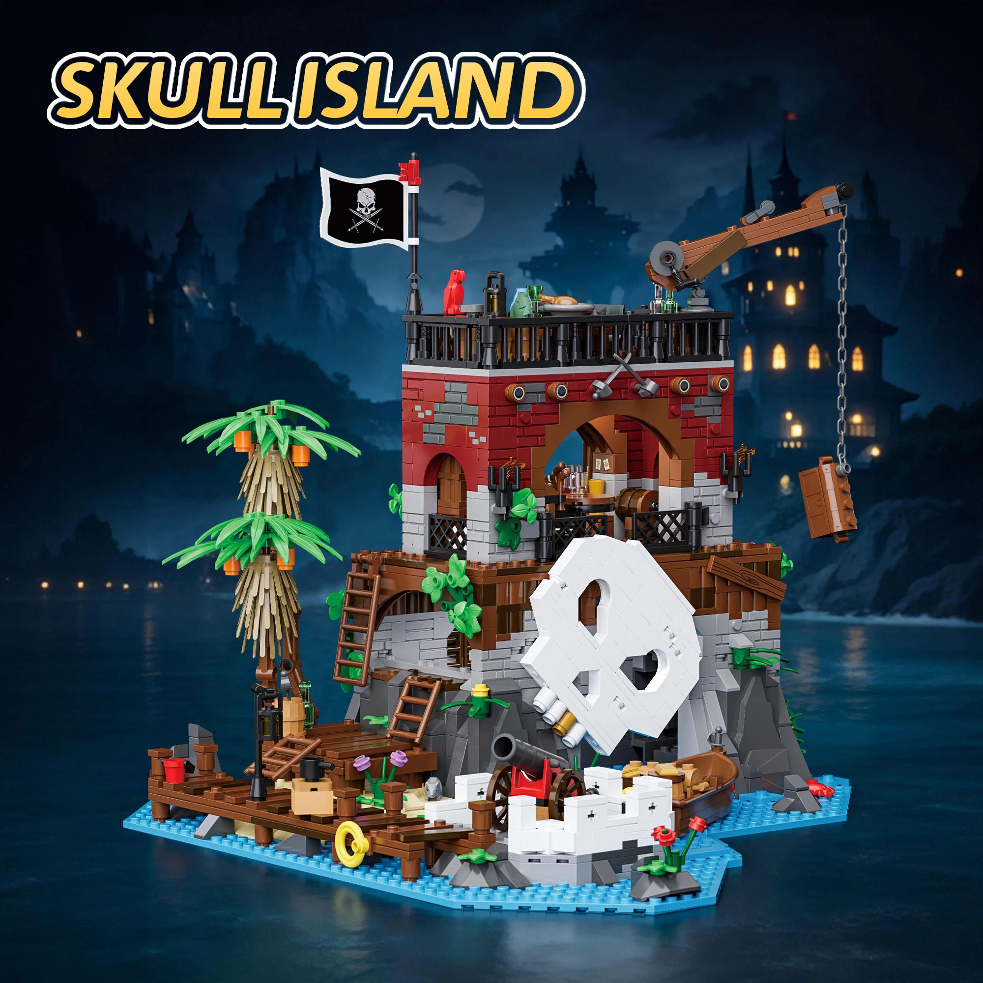 1433PCS Lighted Pirate Fortress Island Building Blocks Tropical Skull Hideout Coastal Outpost Adventure Collectible Display Gift
