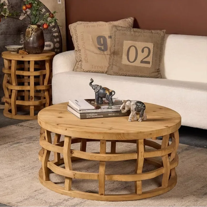 xx-Rustic Wabi-Sabi Round Coffee Table with Cage Frame, Handcrafted Wood Center Table for Living Room, Vintage Farmhouse Style*