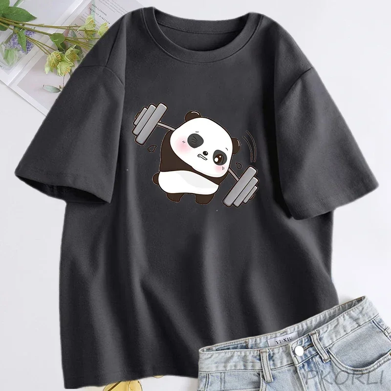 Panda T-shirts The Struggle Is Real Weightlifting Fitness Gym Cute T Shirt Women Funny Cotton T Shirts Oversize Womens Clothing