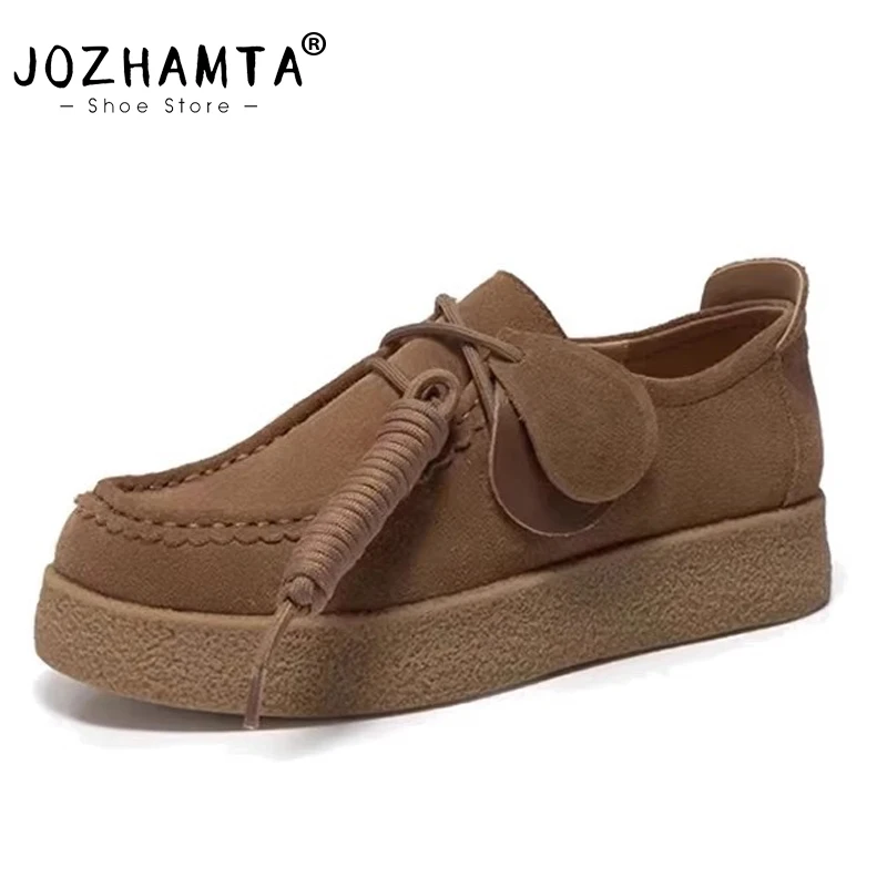 JOZHAMTA Women Casual Loafers Suede Real Leather Platform Shoes Thick Heels For Spring Shoes 2025 Office Lady Daily Size 35-40