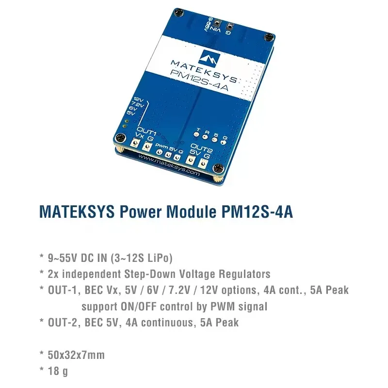 MATEK MATEKSYS PM12S - Módulo de alimentación 4A 3-14S 9-55V DC IN PWM 4A Salida 3 BECs independientes para RC Avión Helicóptero Quadcopter