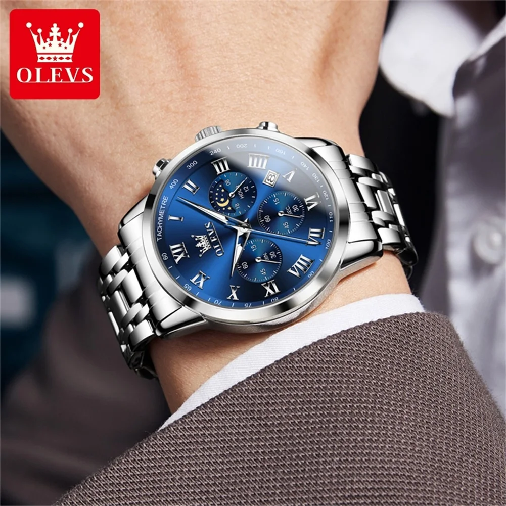 OLEVS 5529 Moon Phase Quartz Watch For Men Chronograph Stainless Steel Waterproof Watches Luxury Original Roman Scale Man Watch