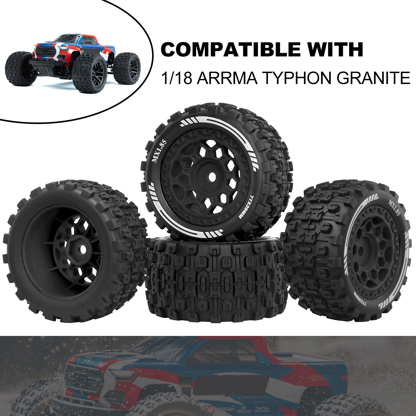 OGRC MX1.85 Ruedas y neumáticos RC Juego de neumáticos de rueda hexagonal de 12 mm 77 * 39 mm para ARRMA 1/18 Typhon Granito Grom