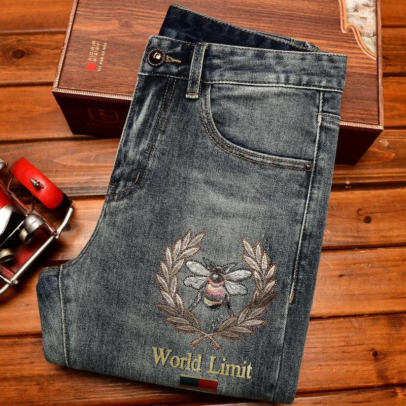 Light luxury high-end embroidered printed jeans men with ripped holes,, small feet, autumn casual trend pants