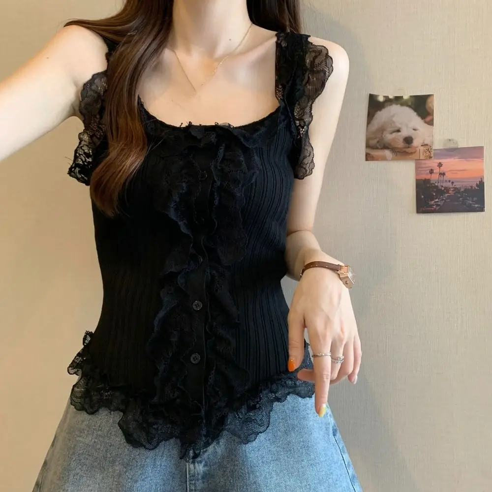 Top corto de punto de encaje Y2k para mujer, chaleco de punto de estilo coreano, camiseta interior sin mangas, camisola de verano