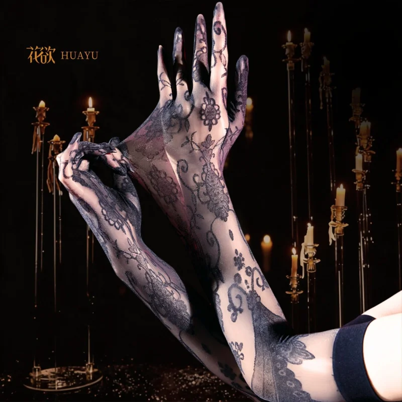 Baroque Aurora Five-Finger Gloves, Shiny Jacquard Lace, Feminine Split-Finger Light Luxury Temptation Hand Accessory