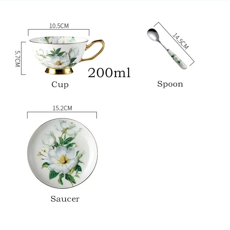 Bone China Coffee Cup and Saucer Set, European Luxurious Porcelain Drinkware, Household Office Ceramic Flower Tea Mug with Tray